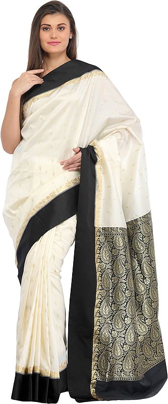 Ivory and Black Sari from Bangalore with Woven Paisleys