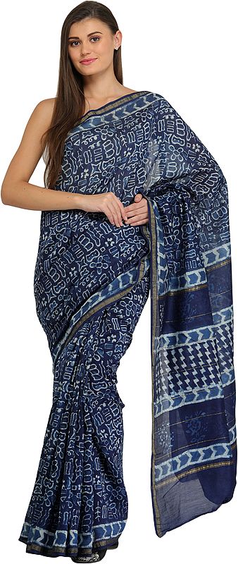 Twilight-Blue Batik Sari from Madhya Pradesh with Folk Motifs