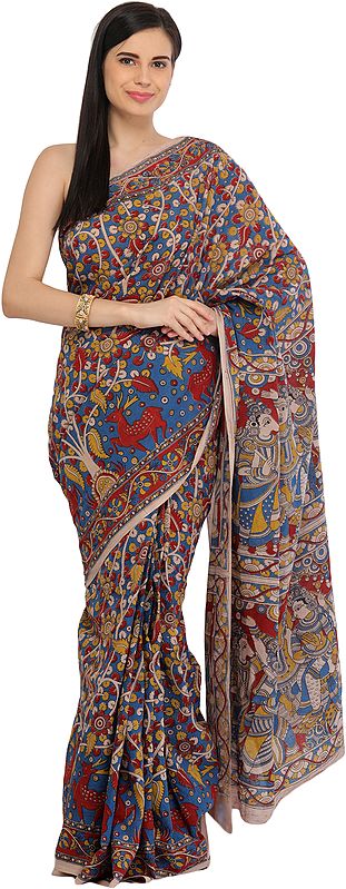 Multicolored Kalamkari Sari from Andhra Pradesh with Printed Rama Durbar on Pallu