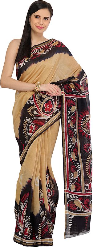 Italian-Straw and Black Batik Printed Sari from Madhya Pradesh with Paisleys on Border