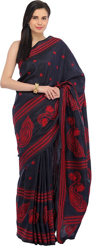 Blue-Nights Sari from Kolkata with Kantha Hand-Embroidery in Red