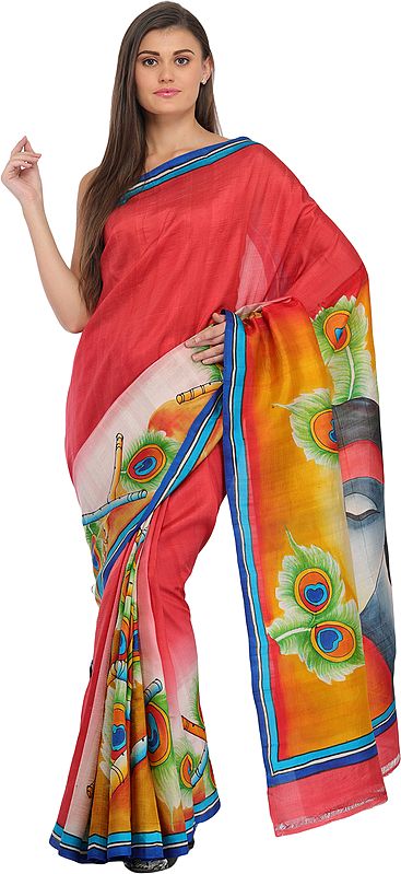 Claret-Red Digital-Printed Sari with Radha Krishna on Pallu