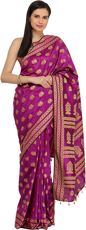 Deep-Orchid Sari from Assam with Woven Bootis