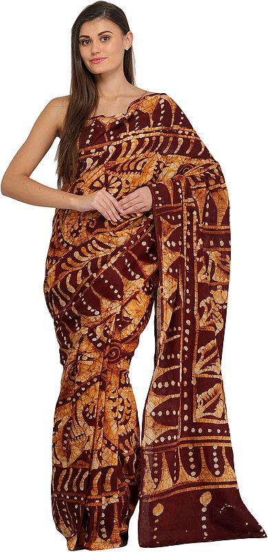 Oak-Buff and Chocolate Batik Sari from Madhya Pradesh