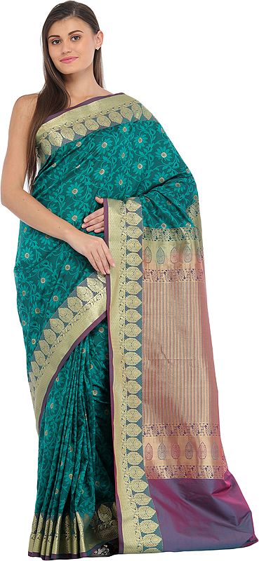 Tropical-Green Sari from Bangalore with Woven Flowers and Brocaded Border
