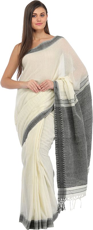 Ivory and Gray Purbasthali Sari from Bengal with Stripes and Zigzag Weave on Pallu