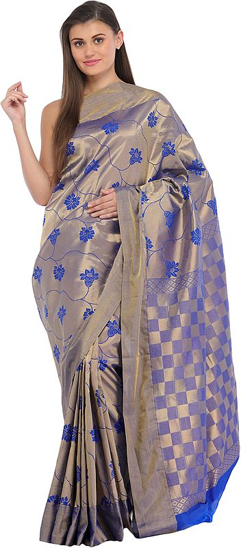 Metallic and Blue Brocaded Sari from Bangalore with Woven Flowers and Checks Weave on Pallu