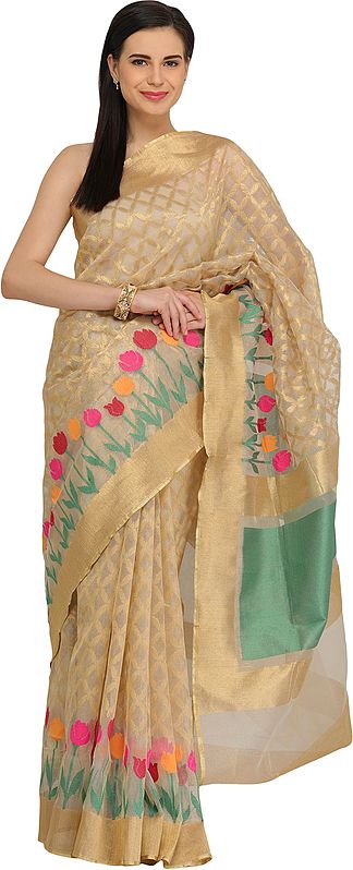 Golden Wedding Tissue Sari from Banaras with Woven Tulips on Border