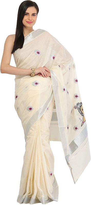 Ivory Kasavu Tissue Sari from Kerala with Woven Butter Krishna on Pallu and Sequins