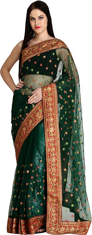 Antique-Green Designer Wedding Sari with Embroidered Floral Bootis and Patch Border
