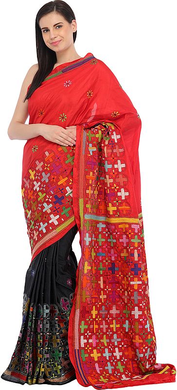Red and Black Sari from Kolkata with Kantha Hand-Embroidery in Multicolor Thread