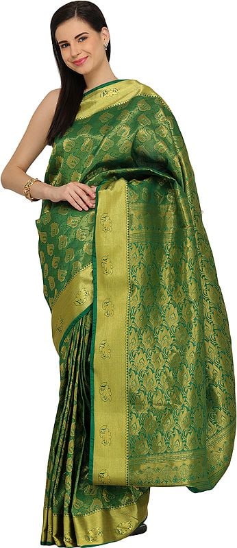 Forest-Green Brocaded Sari from Bangalore with Woven Bootis and Golden Border