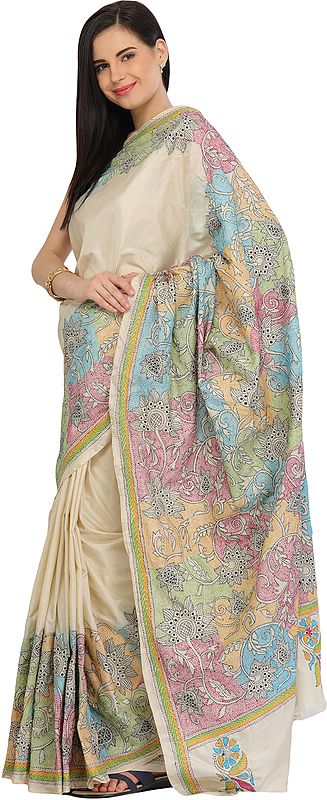 Off-White Sari from Kolkata with Kantha Hand-Embroidered Sunflowers