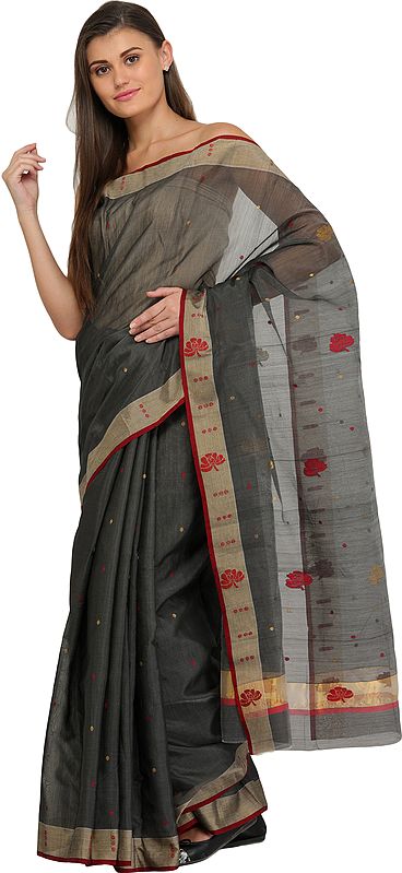Pewter-Gray Handloom Chanderi Sari with Woven Bootis and Flowers on Pallu