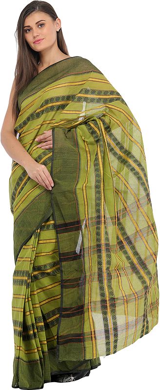 Leaf-Green Dhakai Sari from Bangladesh with Woven Paisleys and Stripes