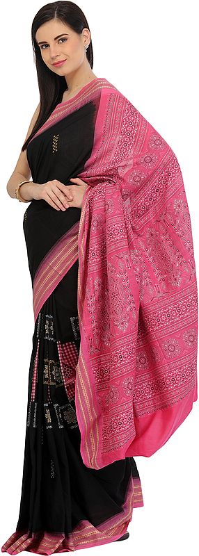 Black and Pink Bomkai Sari from Orissa with Dense Weave on Pallu and Rudraksha Border