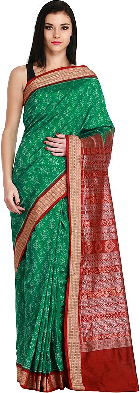 Green and Maroon Sambhalpuri Handloom Sari from Orissa with Ikat Weave
