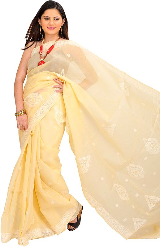Apricot-Gelato Sari from Lucknow with Chikan Hand-Embroidery
