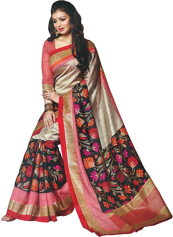 Oyster-Gray and Black Sanganeri-Silk Sari with Woven Lotuses and Printed Stripes