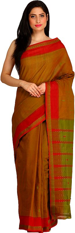 Bronze-Brown Sari with Woven Paisleys on Border and Striped Pallu