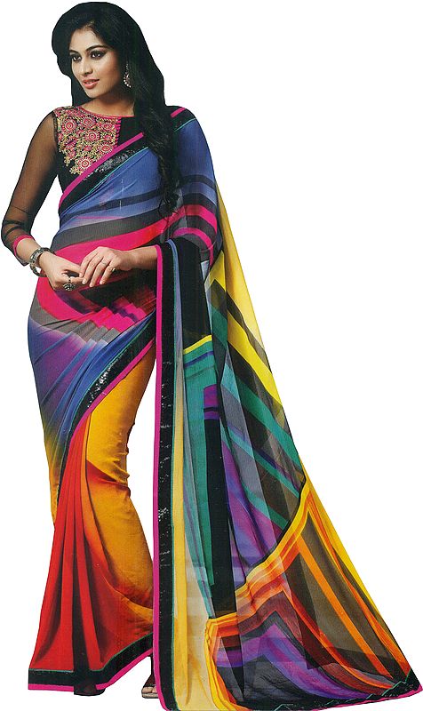 Multicolored Digital-Printed Sari with Sequined Patch Border and Floral-Embroidery on Blouse