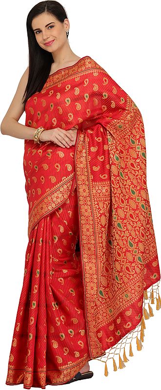 True-Red Wedding Sari from Assam with Woven Paisleys