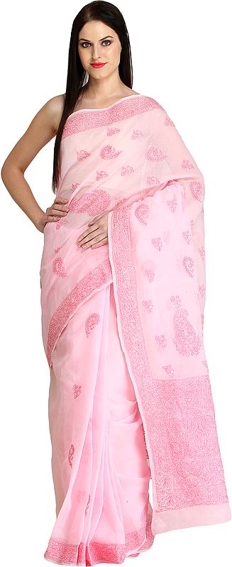 Rose-Shadow Chikan Hand-Embroidered Sari from Lucknow
