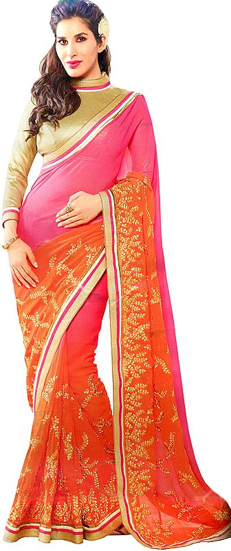 Vibrant Pink and Orange Double-Shaded Designer Sari with Golden-Embroidery and Sequins