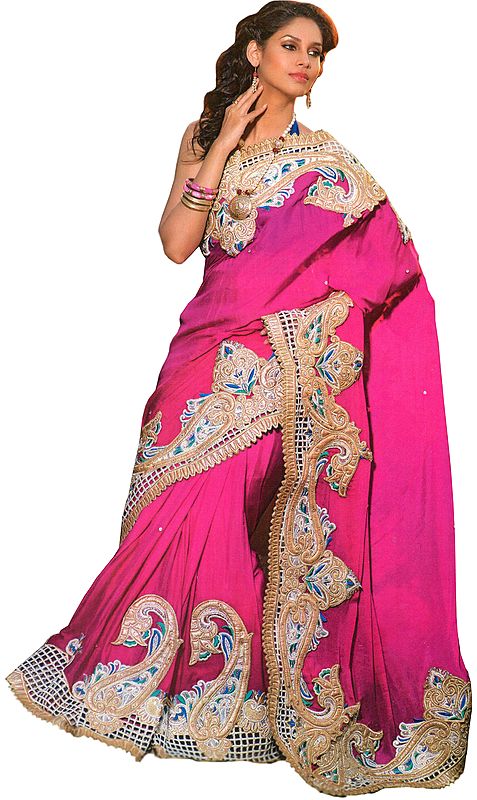 Sangria Designer Wedding Sari with Large Paisleys Border and Embroidered-Beads