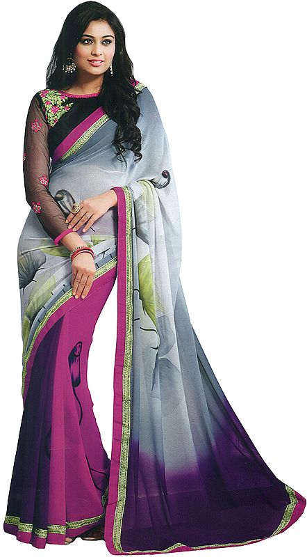 Gray and Purple Printed Sari with Patch Border and Floral-Embroidery on Blouse