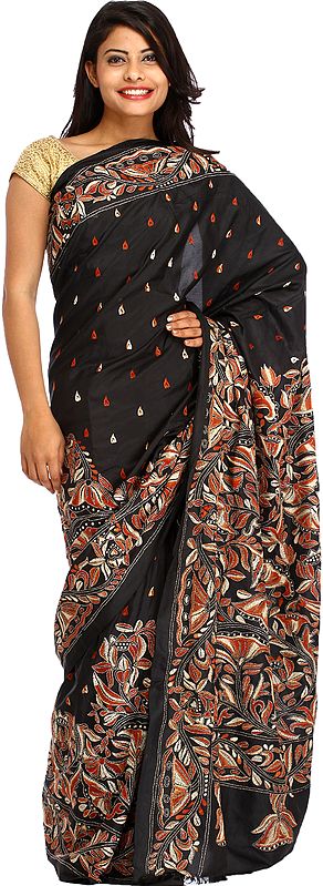Jet-Black Sari from Kolkata with Kantha Hand-Embroidery All-Over