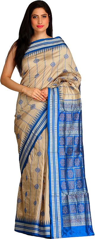 Gray and Blue Bomkai Sari from Orissa with Temple Border and Dense Weave on Pallu