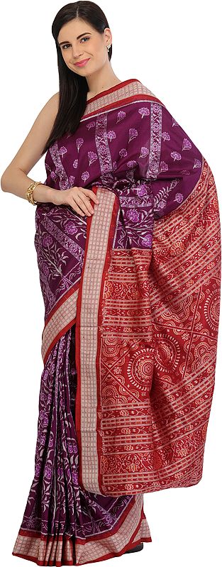 Purple and Maroon Bomkai Handloom Sari from Sambhalpur with Ikat Weave