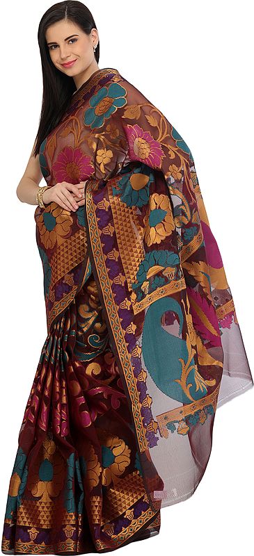 Burgundy Sari from Banaras with Woven Giant Flowers and Paisleys