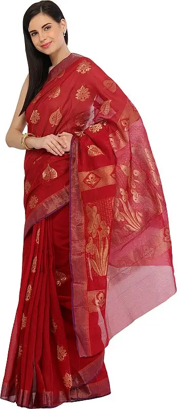 Deep-Claret Sari with Woven Large Bootis in Zari