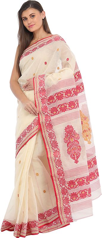 Ivory and Red Purbasthali Tangail Sari from Bengal with Woven Floral Motifs on Pallu