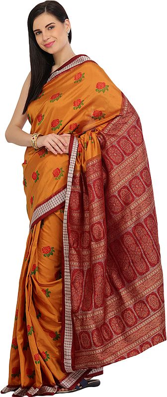 Honey-Yellow and Maroon Bomkai Handloom Sari from Orissa with Woven Roses and Dense Weave on Pallu