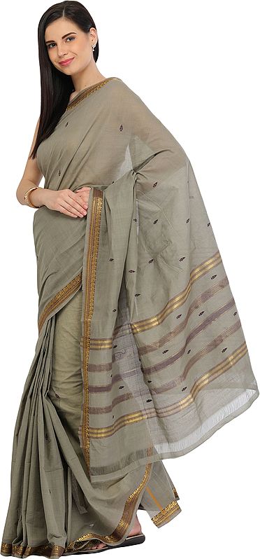 Moon-Rock South Cotton Sari from Bangalore with Woven Bootis and Stripes on Pallu