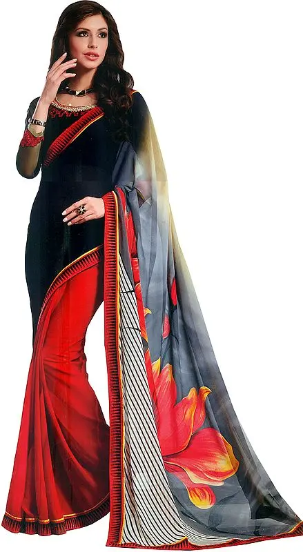 Black and Red Printed Sari with Patch Border and Embroidery on Blouse