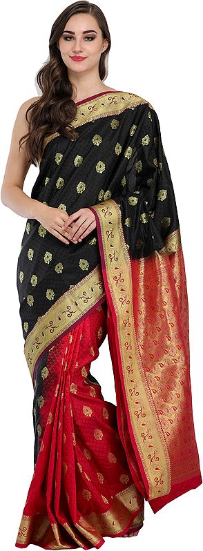 Black and Red Double-Shaded Wedding Sari from Bangalore with Golden Bootis and Brocaded Pallu