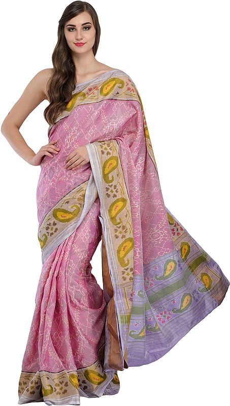 Mauve-Mist Ikat Handloom Paan-Patola Sari from Gujarat with Woven Paisleys