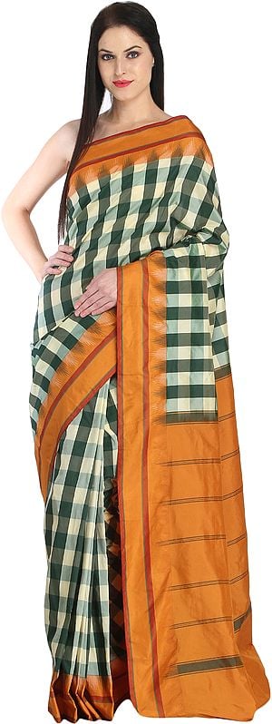 Sari from Bangalore with Woven Checks and Striped Pallu