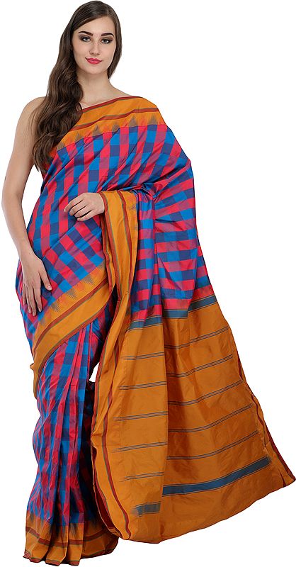 Sari from Bangalore with Woven Checks and Striped Pallu