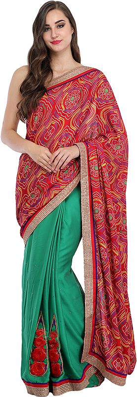 Red and Green Half and Half Bandhani Printed Sari with Embroidered Floral Patches and Gota Border
