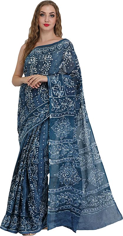 Infinity-Blue Batik Sari from Madhya Pradesh with Floral-Print