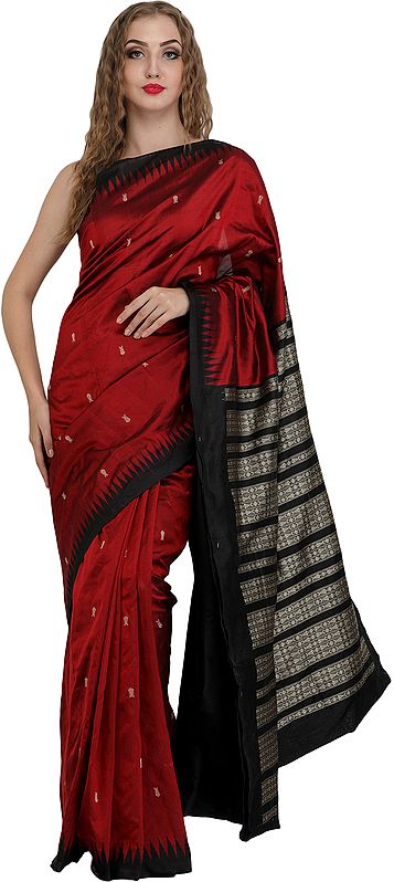 Maroon and Black Bomkai Handloom Sari from Orissa with Woven Fishes and Temple Border