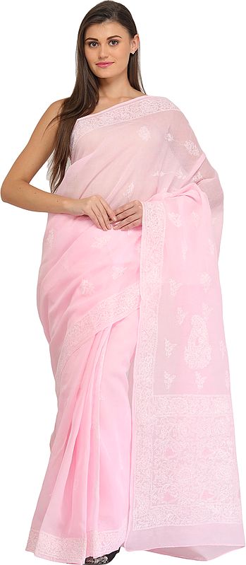 Rose-Shadow Lukhnavi Chikan Hand-Embroidered Sari