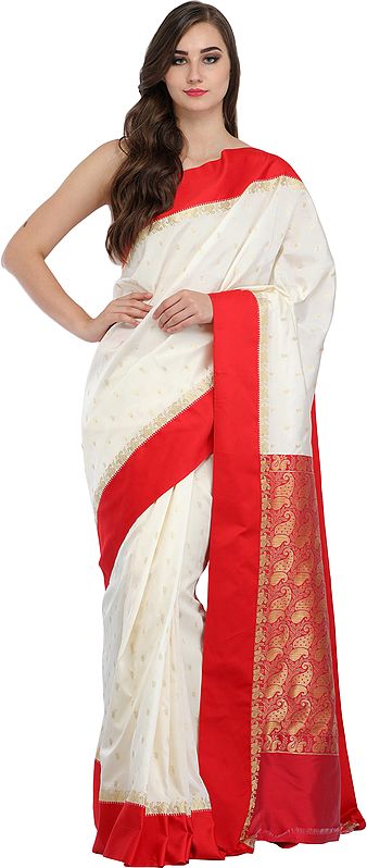 Ivory and Red Sari from Bangladesh with Woven Paisleys and Solid Border