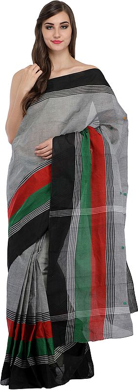 Wild-Dove Sari from Bangladesh with Woven Stripes