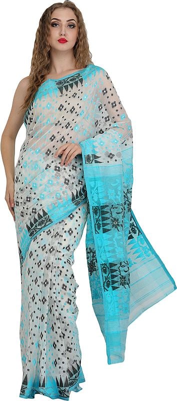 Snow-White Purbasthali Jamdani Saree from Bengal with All-Over Weave